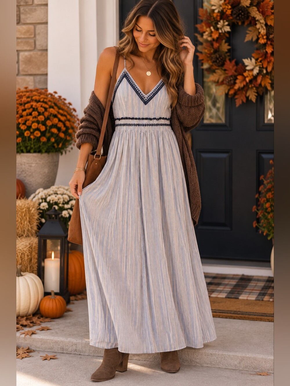 Japna Small Blue White Striped Embroidered Boho Maxi Dress